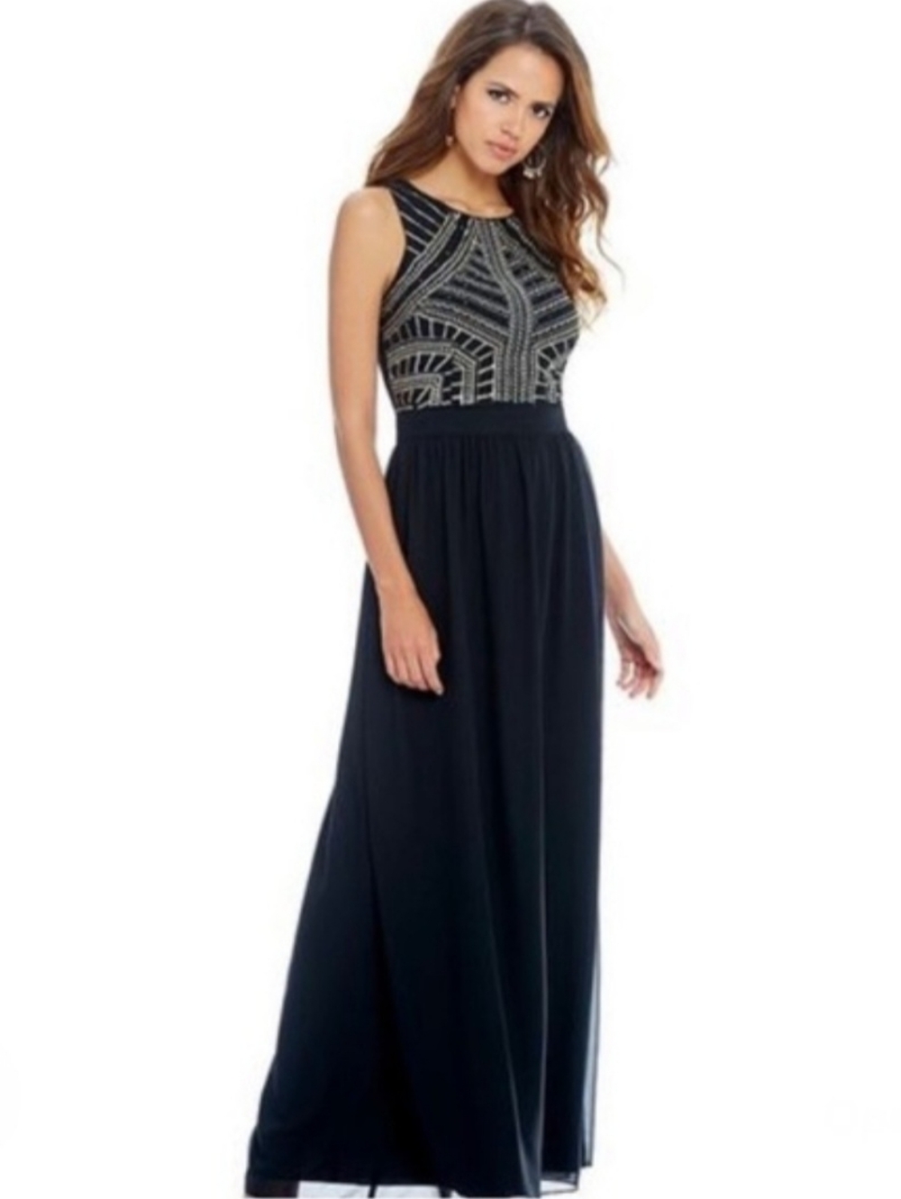 Gianni Bini  Womens Long Formal Maxi Dress Beaded Sequin Bodice Black Size‎ 6